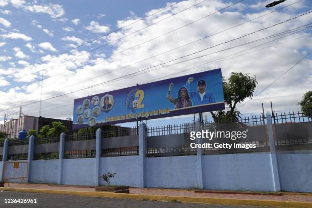 Images of Nicaraguan President Daniel Ortega and his wife and Vice President Rosario Murillo are seen at the National Police building on November 7,...