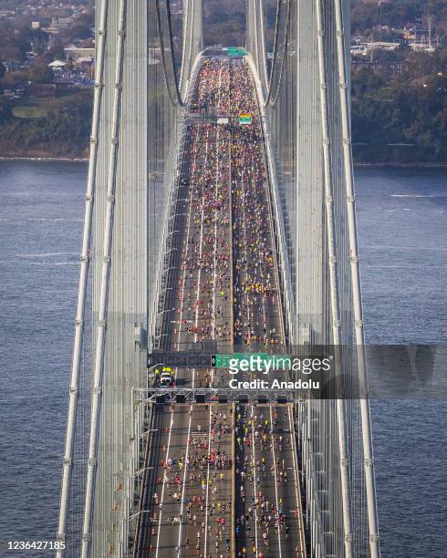 An aerial view of the Verrazzano Bridge during the TCS New York City Marathon in New York City, United States on November 07, 2021.