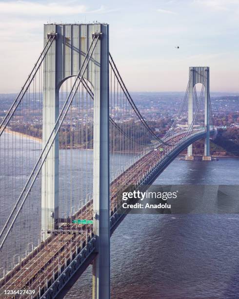 An aerial view of the Verrazzano Bridge during the TCS New York City Marathon in New York City, United States on November 07, 2021.