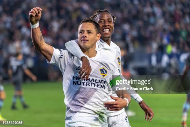 Javier Hernandez of Los Angeles Galaxy celebrates his second goal with Kevin Cabral of Los Angeles Galaxy during the match against Minnesota United...