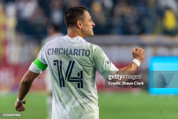 Javier Hernandez of Los Angeles Galaxy celebrates his second goal during the match against Minnesota United FC at the Dignity Health Sports Park on...