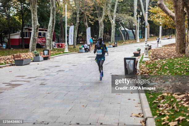 Brian Kipsang from Kenya seen in action during the 2021 Istanbul Marathon. Runners compete from around the world at the 43rd annual Istanbul...