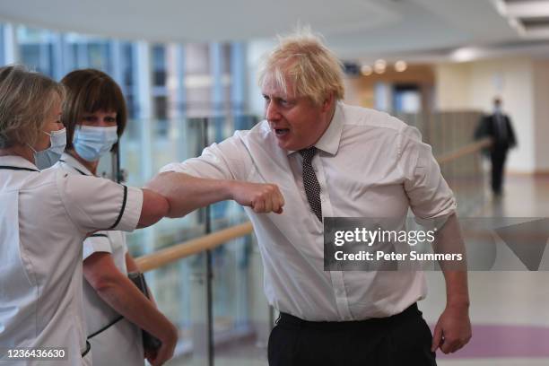 Prime minister Boris Johnson meets with medical staff during a visit to Hexham General Hospital on November 8, 2021 in Hexham, England.