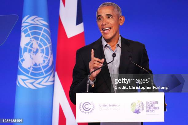 Former US President Barack Obama delivers a speech while attending day nine of the COP26 at SECC on November 8, 2021 in Glasgow, Scotland. Day Nine...