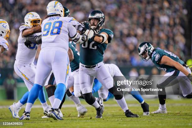 Philadelphia Eagles center Jason Kelce blocks Los Angeles Chargers defensive tackle Linval Joseph during the game between the Los Angeles Chargers...