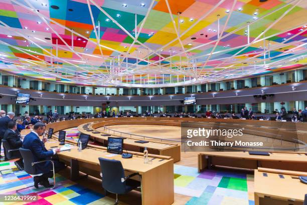 Eurogroup ministers wait prior to the start of a Eurogroup ministers meeting in the Europa, the EU Council headquarter on November 8, 2021 in...