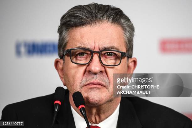 Leader of French left-wing party La France Insoumise and candidate for the presidential election Jean-Luc Melenchon addresses a press conference at...