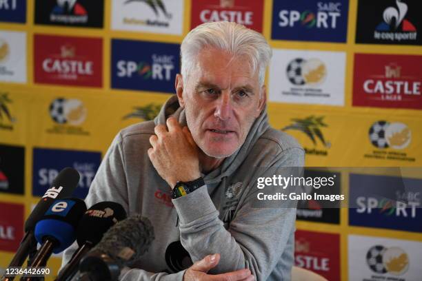 Head coach Hugo Broos during the South African national soccer team press conference at Dobsonville Stadium on November 08, 2021 in Johannesburg,...