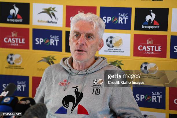 Head coach Hugo Broos during the South African national soccer team press conference at Dobsonville Stadium on November 08, 2021 in Johannesburg,...