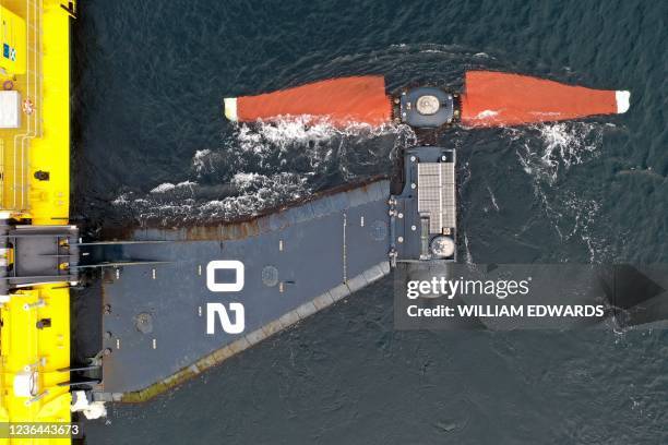 An overhead view of Orbital O2 tidal turbine power generator, in the Orkney Islands, north of the Scottish Mainland on September 6, 2021. - In the...