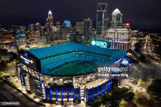 An aerial view of Bank of America Stadium and the downtown Charlotte skyline ahead of the NFL game between the New England Patriots and Carolina...