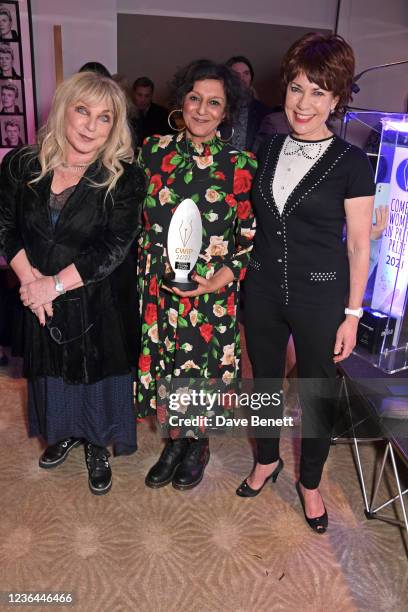 Helen Lederer, Meera Syal, winner of the Witty Writer Award, and Kathy Lette attend The 3rd Annual Comedy Women In Print Prize at The Groucho Club on...