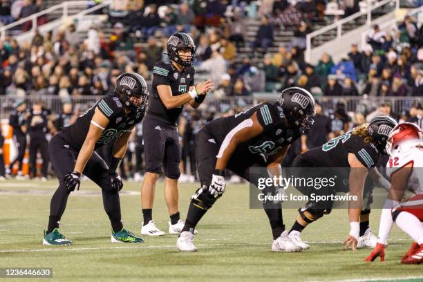 Ohio Bobcats quarterback Kurtis Rourke prepares to receive the snap during a Mid-American Conference game between the Miami RedHawks and Ohio...