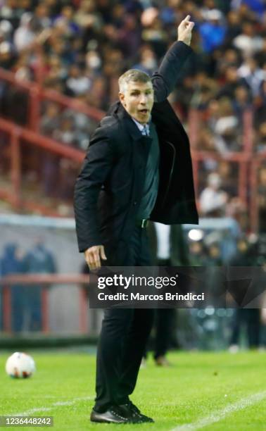 Aldosivis coach Martin Palermo gestures during a match between Aldosivi and Boca Juniors as part of Torneo Liga Profesional 2021 at Estadio Jose...