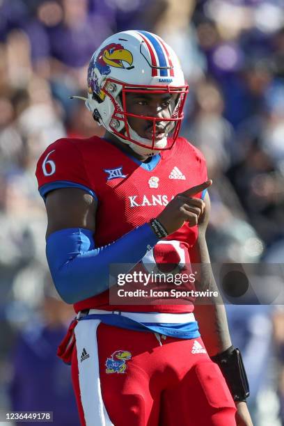 Kansas Jayhawks quarterback Jalon Daniels in the third quarter of a Big 12 football game between the Kansas State Wildcats and Kansas Jayhawks on Nov...