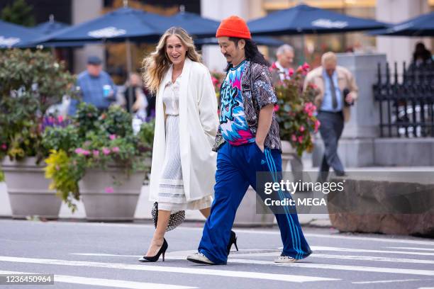 Sarah Jessica Parker and Bobby Lee are seen on set of 'And Just Like That' on November 07, 2021 in New York City, New York.
