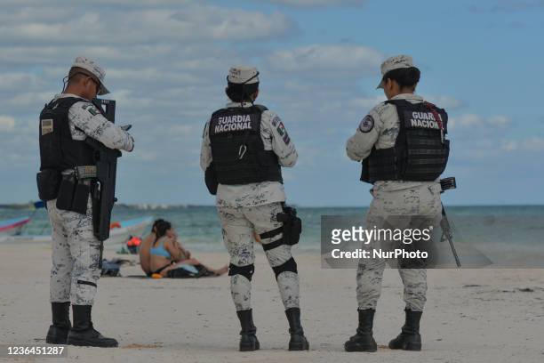 Members of the National Guard patrol Playa Pescadores in Tulum. On Monday, 8 November 2021, in Playa Del Carmen, Quintana Roo, Mexico.