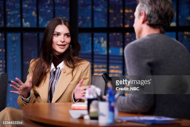 Episode 1218 -- Pictured: Model/actress Emily Ratajkowski during an interview with host Seth Meyers on November 8, 2021 --