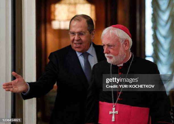 Russian Foreign Minister Sergei Lavrov meets with Vatican Secretary for Relations with States Archbishop Paul Richard Gallagher in Moscow on November...