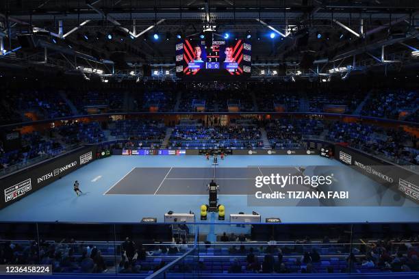 General view shows Argentina's Juan Manuel Cerundolo and USA's Brandon Nakashima compete during the Next Generation ATP Finals on November 09, 2021...