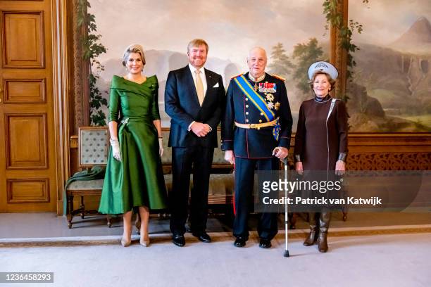 King Willem-Alexander and Queen Maxima of The Netherlands, King Harald, and Queen Sonja of Norway pose for an official picture in the Royal Palace in...