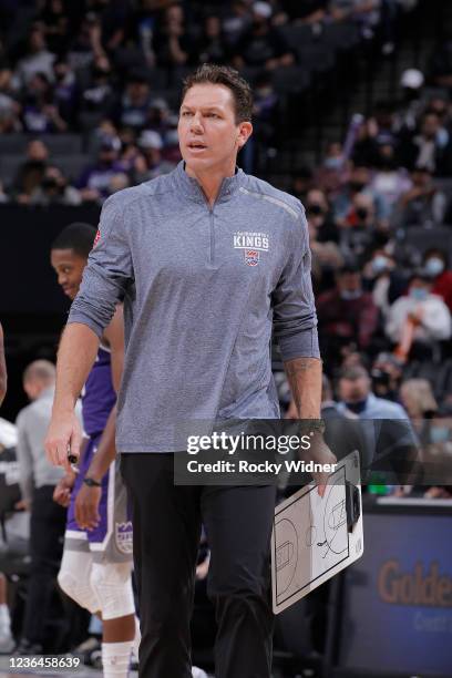 November 3: Sacramento Kings head coach Luke Walton looks on against the New Orleans Pelicans on November 3, 2021 at Golden 1 Center in Sacramento,...