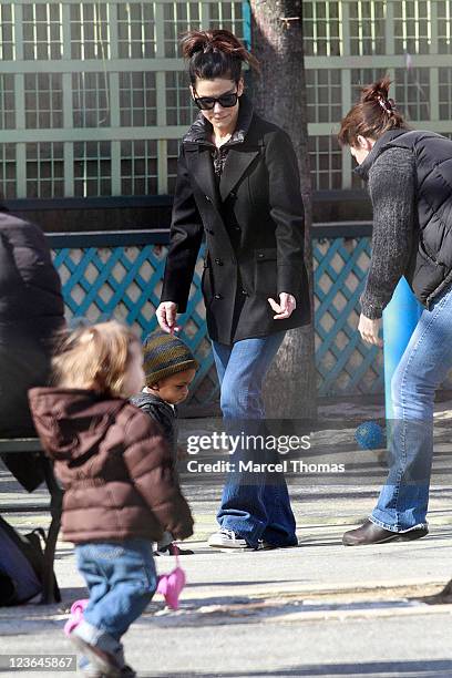 Actress Sandra Bullock and son Louis Bullock are seen on the streets of Manhattan on March 20, 2011 in New York City.