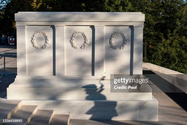 The shadow of a tomb guard of the 3rd U.S. Infantry Regiment, known as "The Old Guard," is seen during a centennial commemoration event at the Tomb...