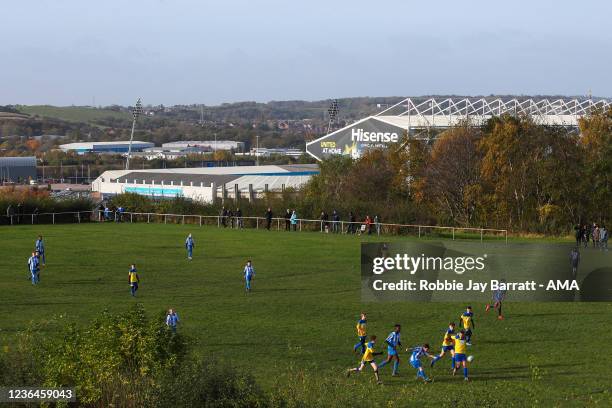 General view of Elland Road, home stadium of Leeds United as a Sunday League football match is seen in progress ahead of the Premier League match...