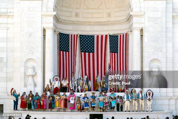 Members of the Crow Nation perform in the Memorial Amphitheater during a centennial commemoration event at the Tomb of the Unknown Soldier in...