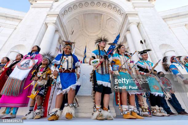 Members of the Crow Nation perform in the Memorial Amphitheater during a centennial commemoration event at the Tomb of the Unknown Soldier in...