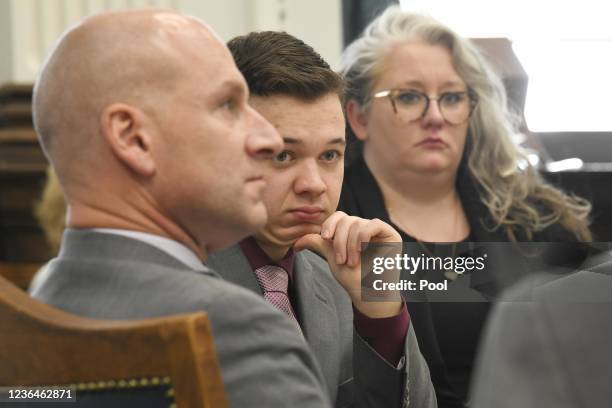 Kyle Rittenhouse seated between defense attorneys Corey Chirifisi left and NAtalie Wisco after the lunch break during the Kyle Rittenhouse trialat...