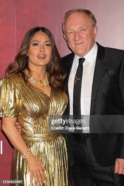 Salma Hayek and Francois-Henri Pinault attend the UK Premiere of "House Of Gucci" at Odeon Luxe Leicester Square on November 9, 2021 in London,...