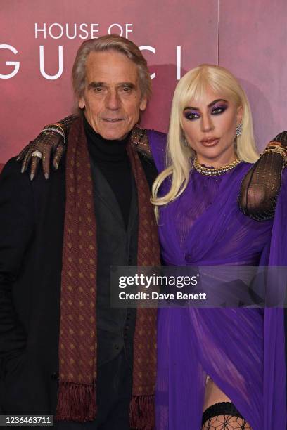 Jeremy Irons and Lady Gaga attend the UK Premiere of "House Of Gucci" at Odeon Luxe Leicester Square on November 9, 2021 in London, England.