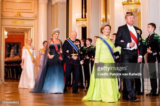 King Harald of Norway, Queen Sonja of Norway, Crown Princess Mette-Marit of Norway and Princess Martha Louise of Norway host an official state...