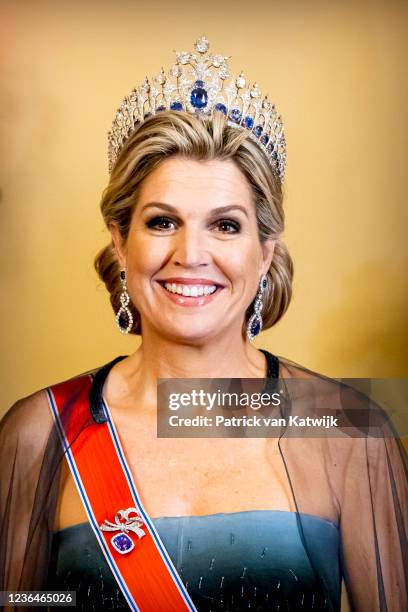 Queen Maxima of The Netherlands ahead the state banquet in the Royal Palace on November 9, 2021 in Oslo, Norway. The Dutch King and Queen are in...