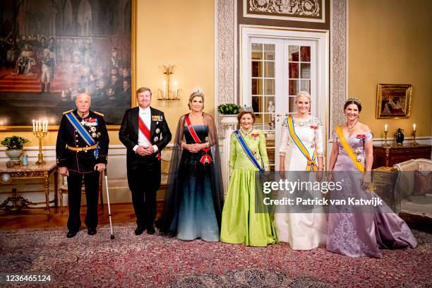 King Harald of Norway, Queen Sonja of Norway, Crown Princess Mette-Marit of Norway and Princess Martha Louise of Norway host an official state...