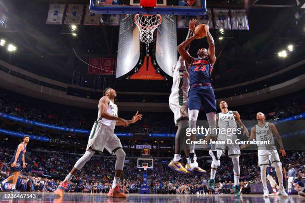 Bobby Portis of the Milwaukee Bucks blocks the shot of Charles Bassey of the Philadelphia 76ers on November 9, 2021 at Wells Fargo Center in...