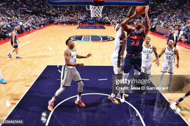 Bobby Portis of the Milwaukee Bucks blocks the shot of Charles Bassey of the Philadelphia 76ers/ on November 9, 2021 at Wells Fargo Center in...