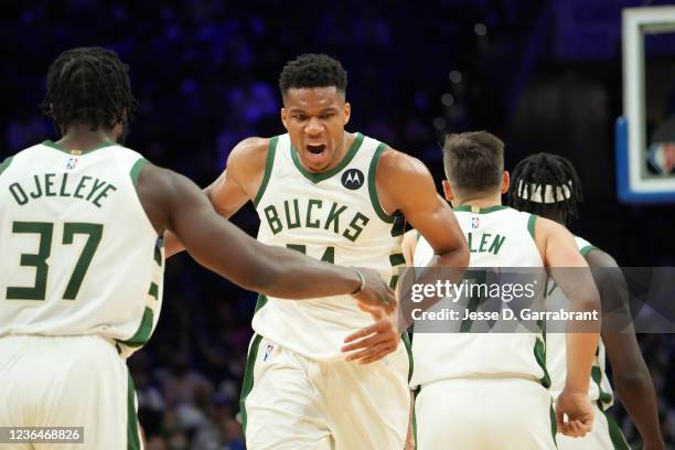 Giannis Antetokounmpo of the Milwaukee Bucks reacts during a game against the Philadelphia 76ers on November 9, 2021 at Wells Fargo Center in...