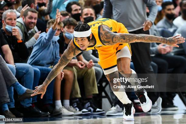 Jordan Clarkson of the Utah Jazz celebrates a shot during a game against the Atlanta Hawks at Vivint Smart Home Arena on November 09, 2021 in Salt...