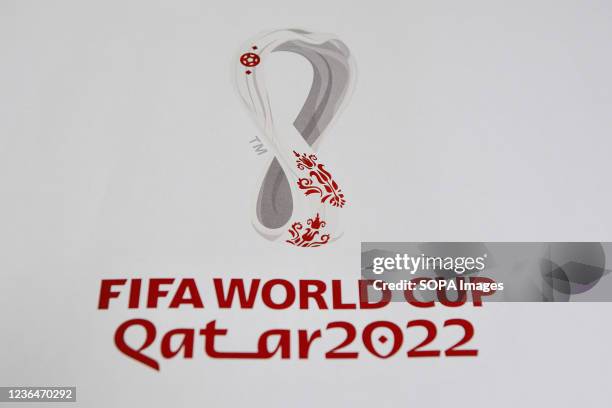 Official logo FIFA World Cup 2022 in Qatar printed on banner during training session on the eve of the FIFA World Cup Qatar 2022 qualification at the...