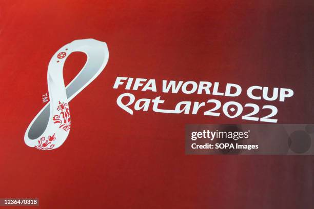 Official logo FIFA World Cup 2022 in Qatar printed on banner during training session on the eve of the FIFA World Cup Qatar 2022 qualification at the...