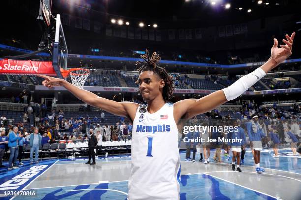 Emoni Bates of the Memphis Tigers celebrates after the game against the Tennessee Tech Golden Eagles on November 9, 2021 at FedExForum in Memphis,...