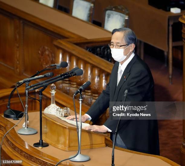 Hiroyuki Hosoda of Japan's ruling Liberal Democratic Party addresses the House of Representatives in Tokyo after being elected as the lower house's...