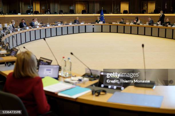 Commissioners attends the weekly meeting of the European Union Commission in the Berlaymont, the EU Commission headquarter on November 10, 2021 in...