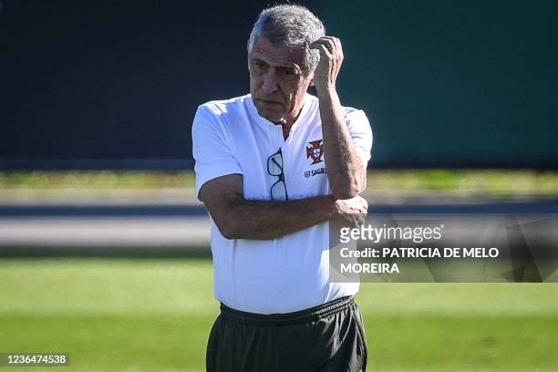 Portugal's coach Fernando Santos heads a training session at the Cidade do Futebol training ground in Oeiras on November 10 ahead of their FIFA World...