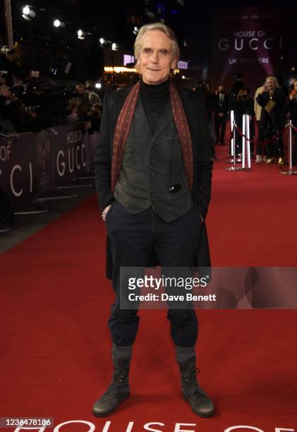 Jeremy Irons attends the UK Premiere of "House Of Gucci" at Odeon Luxe Leicester Square on November 9, 2021 in London, England.