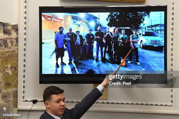 Kyle Rittenhouse testifies during his trial at the Kenosha County Courthouse on November 10, 2021 in Kenosha, Wisconsin. Rittenhouse shot three...