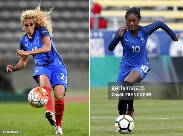 This combination of file photographs created on November 10 shows France's midfielder Kheira Hamraoui as she kicks the ball during the women's Euro...